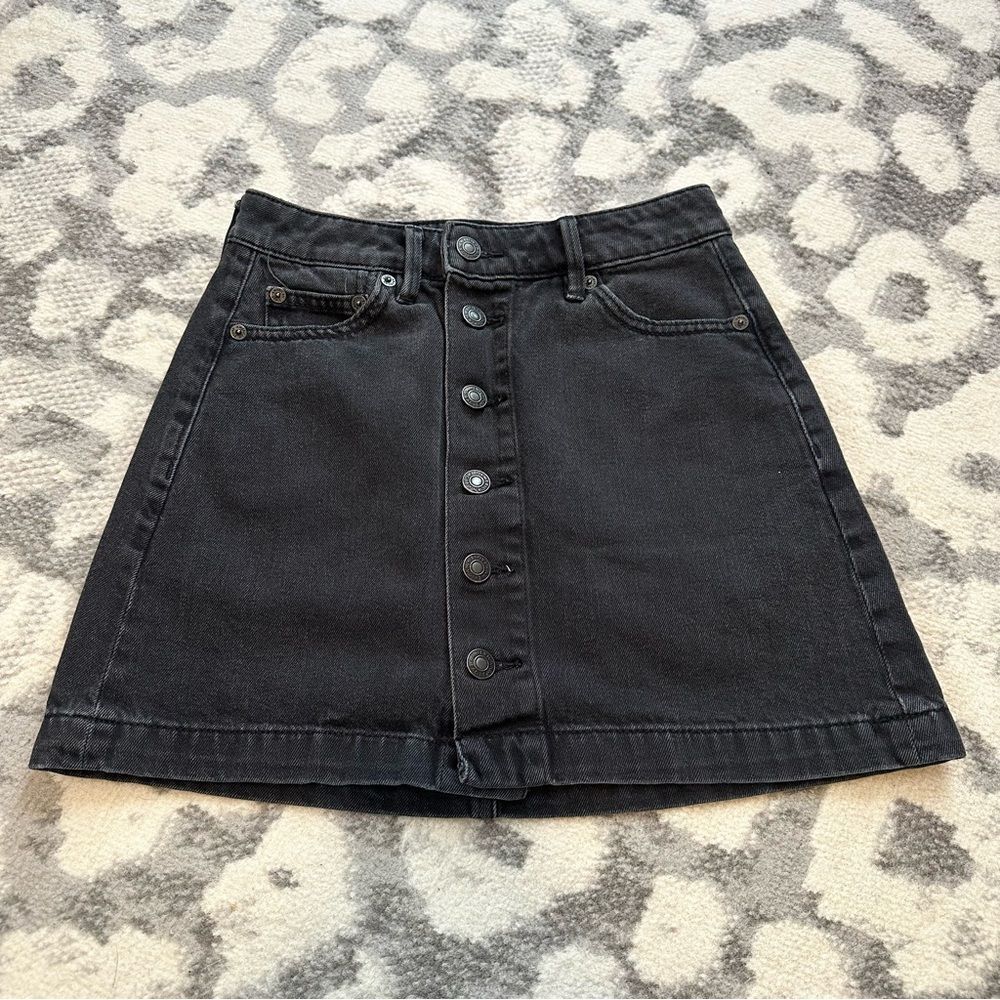 American Eagle Black Denim Super High Rise A Line Mini Skirt Button Up 00
